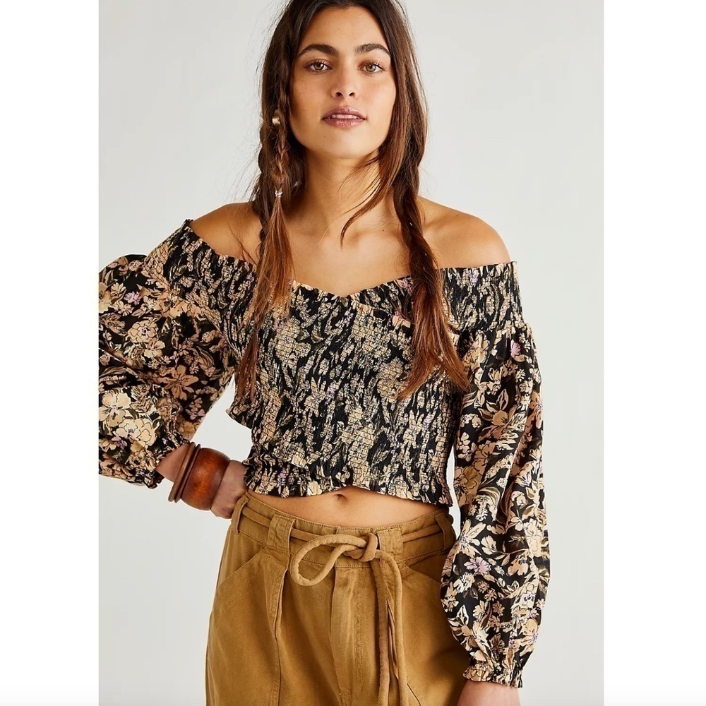 Free People Black Floral Off-Shoulder Top